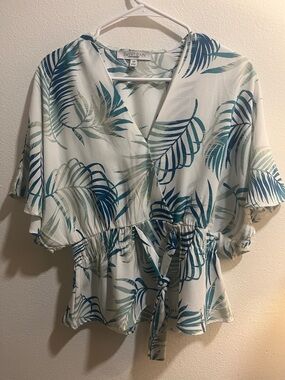Sweet Rain White Blouse with Teal & Blue Tropical Leaf Print